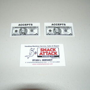 (2) SNACK or SODA VENDING MACHINE Decals “ACCEPTS $5 Bill”