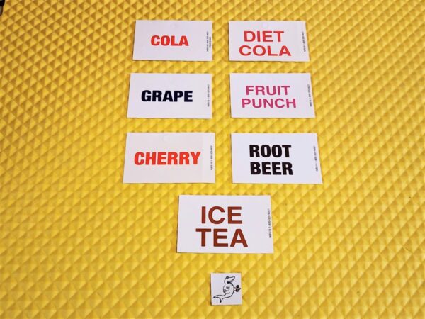 (7) GENERIC SODA VENDING MACHINE VEND LABELS – Credit Card Size 3.5″ x 2.25″